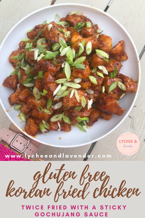 Learn how to make gluten free Korean fried chicken with this Korean fried chicken recipe! Crispy Korean fried chicken recipe from lychee and lavender will teach you how to make the crispiest gluten free fried chicken! Gluten free but craving some homemade KFC? Look no further than this gluten free Korean recipe in a honey soy sauce with gochujang and sambal. #glutenfree #glutenfreekoreanfriedchicken #koreanfriedchicken #koreanrecipes Gluten Free Korean Food, Korean Fried Chicken Recipe, Trendy Recipes, Korean Recipe, Celiac Recipes, Honey And Soy Sauce, Korean Fried Chicken, Honey Soy, Delicious Gluten Free Recipes