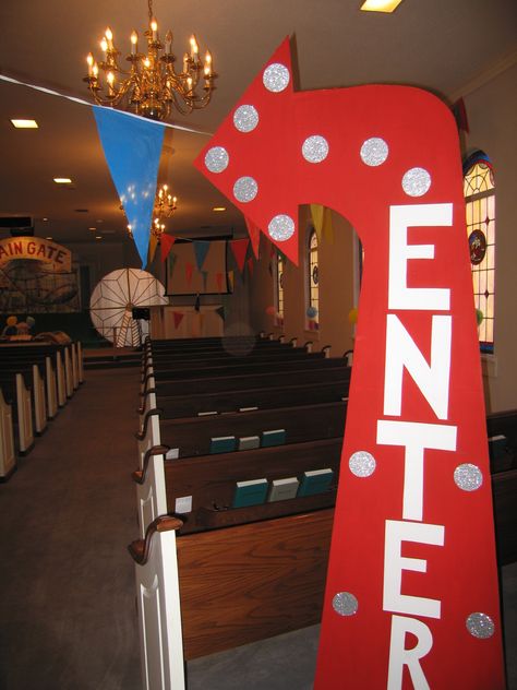 Refuge VBS Entrance Carnival Decorations Ideas Entrance, Carnival Hoco Theme, Circus Vbs Crafts, Cph Vbs Celebrate The Savior, Vbs Carnival Theme, Vbs Circus Theme, Circus Vbs Decorations, Carnival Decorations Diy, Circus Decorations Diy