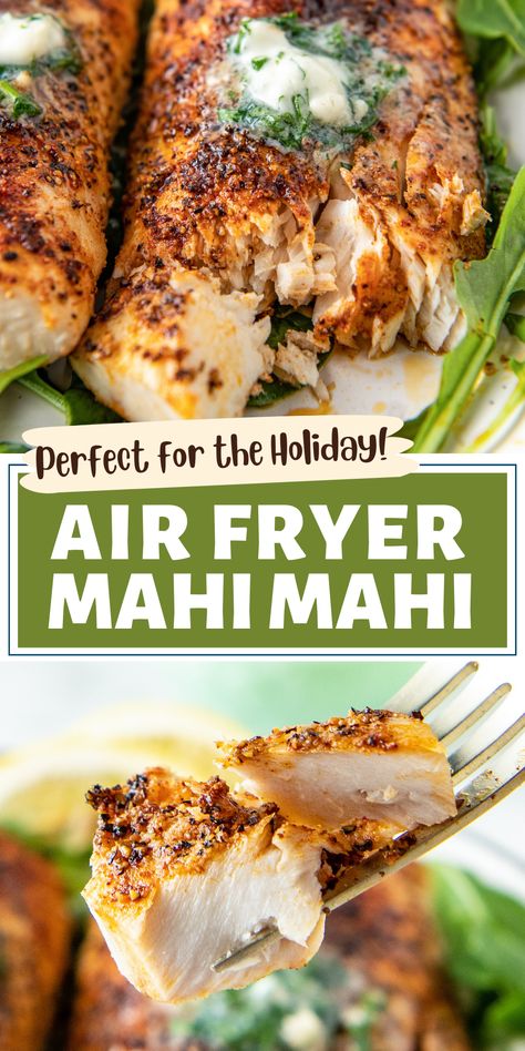 Who doesn't love flavorful, restaurant-quality fish cooked at home in less than 10 minutes? This Air Fryer Mahi Mahi recipe is perfect for an easy weeknight dinner or even a dinner party! The Mahi Mahi is seasoned with dried spices and flavorful Homemade Garlic Herb Butter. Air Fryer Mahi Mahi From Frozen, Air Fryer Frozen Mahi Mahi, Mahi Mahi Recipes Aip, Frozen Mahi Mahi Recipes Air Fryer, Mahi Air Fryer Recipe, Mai Mai Fish Recipes, Air Fryer Mahi Mahi Recipes, Mahi Mahi Air Fryer Recipes, Mahi Mahi Recipes Air Fryer