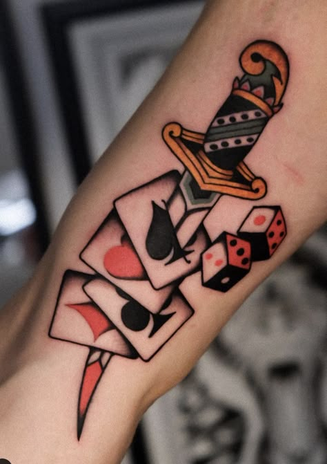 American Traditional Poker Tattoo, American Traditional Ace Of Spades Tattoo, Stack Of Cards Tattoo, American Traditional Playing Card Tattoo, American Traditional Lucky Tattoo, Traditional Gambling Tattoo, Dice Traditional Tattoo, Traditional Card Tattoo, American Traditional Dice