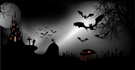 Halloween party banner, spooky dark background, silhouettes of characters and scary bats with gothic haunted castle, horror theme concept, scary pumpkin and dark graveyard, vector templates Horror Youtube Banner, Dark Youtube Banner, Halloween Youtube Banner, Spooky Halloween Pfp, Horror Template, Scary Banner, Horror Banner, Dark Graveyard, Scary Graveyard