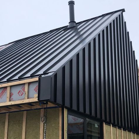 Mike West on Instagram: “Black mechanical lock standing seam. Roll formed on site.” Black Standing Seam Metal Roof, Standing Seam Siding, Cabin Siding, Standing Seam Metal Roof, Metal Siding, Roll Forming, Standing Seam, Metal Roof, House Ideas