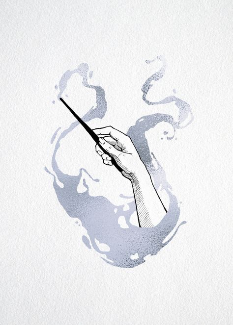 Harry Potter fan art black and white drawing with silver accent of a hand holding a wand producing a patronus wisp for Griffindor, Hufflepuff, Slytherin, and Ravenclaw alike. Made with black archival ink Micron pens and metallic silver watercolor paint. Art prints available for purchase. Harry Potter Holding Wand, Wand Art Drawing, Harry Potter Wand Sketch, Hand Holding Wand References, Harry Potter Ink Drawing, Wizard Wand Drawing, Wand Drawings Harry Potter, Harry Potter Wands Drawing, Holding Wand References