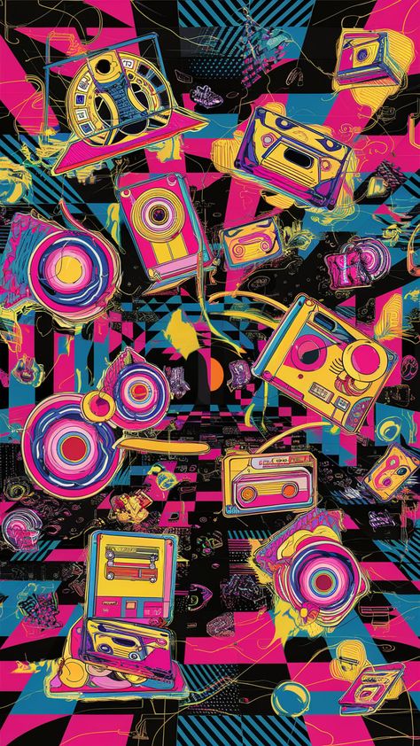 Dive into the lively essence of the 1980s with our vibrant retro wallpaper! Featuring geometric Memphis designs, bold pop art colors, and whimsical shapes, this energetic composition showcases nostalgic elements like cassette tapes and boomboxes. Perfect for any space celebrating youth, creativity, and exuberance, this design radiates a dance floor vibe. #80sWallpaper #RetroDesign #Nostalgia #PopArt #MemphisDesign 1980s Wallpaper, 80s Retro Wallpaper, 80s Artwork, 1980s Memphis Design, 1980s Madonna, Pop Art Colors, Memphis Design, Whitney Houston, Retro Wallpaper