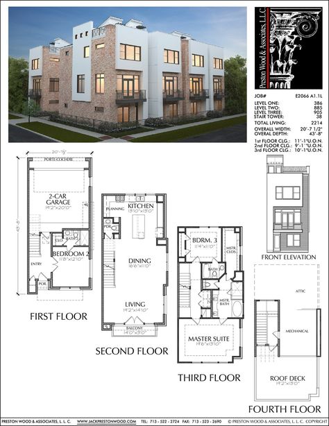 Modern Townhouse Design, Brick Row House, New Town Home Development – Preston Wood & Associates Underground House Plans, Town House Plans, Narrow House Plans, Narrow Lot House, Narrow Lot House Plans, Modern Townhouse, Two Story House, Free House Plans, Townhouse Designs