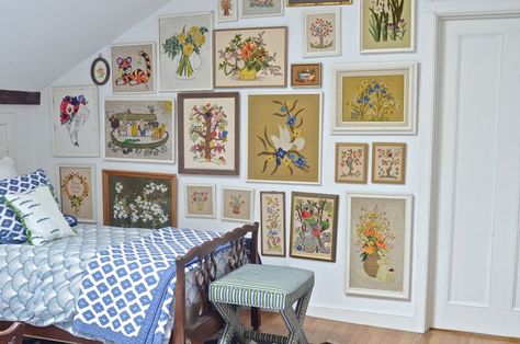 Vintage Embroidery Gallery wall via Ciburbanity Decorating With Embroidery, Parisian Eclectic Decor, English Cottage Interiors, Personalized Gallery Wall, Texture And Pattern, Embroidered Wall Art, Cottage Core Decor, Eclectic Gallery Wall, Mixed Patterns