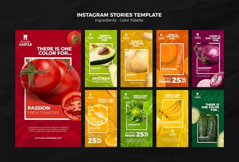 Instagram stories collection with vibran... | Premium Psd #Freepik #psd #template World Vegetarian Day, Vegan Juice, Vegetarian Day, Japanese Food Traditional, Fruit Company, Organic Fruits And Vegetables, Food Banner, About Instagram, Menu Cover