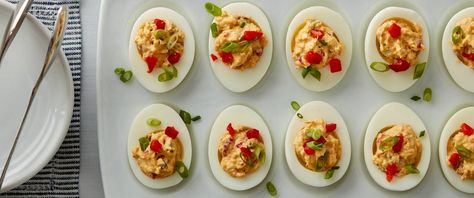 Basic deviled eggs never saw these bold, cheesy new kids coming! Wow guests at your next party with these creamy, spicy beauties. Stuffed Appetizers, Pimento Cheese Deviled Eggs, Cocktail Snacks, Deviled Eggs With Relish, Creamy Dips, Sisterhood Ideas, Cheese Asparagus, Stuffed Eggs, One Bite Appetizers