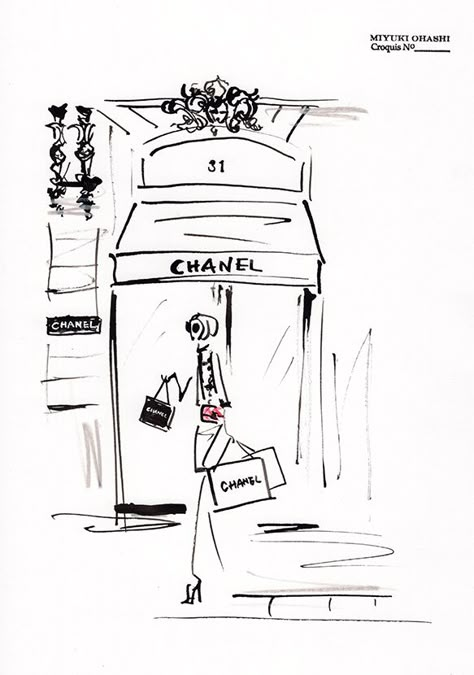 CHANEL boutique Chanel Drawing, Miyuki Ohashi, Chanel Illustration, Chanel Poster, Minimal Shirt Design, Chanel Art, Boutique Instagram, Chanel Boutique, Fashion Design Sketch