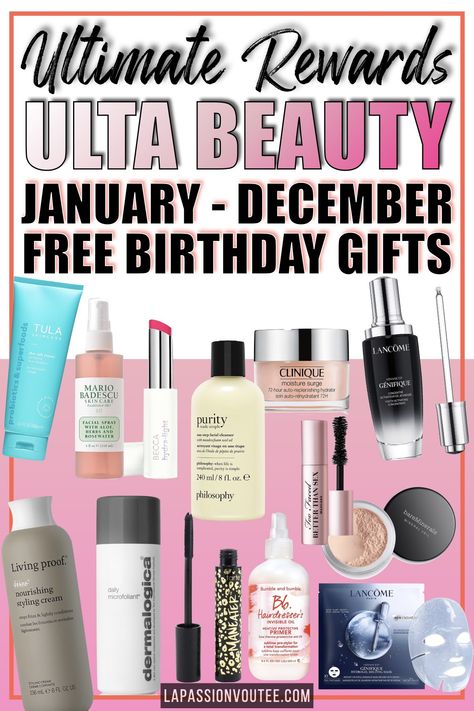 This is the FULL list of the 2021 Ulta FREE birthday gifts from January to December. Plus insider tips on the free Ultimate Rewards membership + recent changes. From Dermalogica, Becca, Living Proof, and Clinique to Tarte, Mario Badescu, Bumble and Bumble, and Bare Minerals there's a birthday goodie for everyone. #ulta #ultabeauty #freegift Freebies On Your Birthday, Best Lip Stain, Free Birthday Gifts, Sephora Lip, Cream Lip Stain, December Birthday Gifts, Birthday Freebies, Clinique Moisture Surge, Clinique Moisturizer