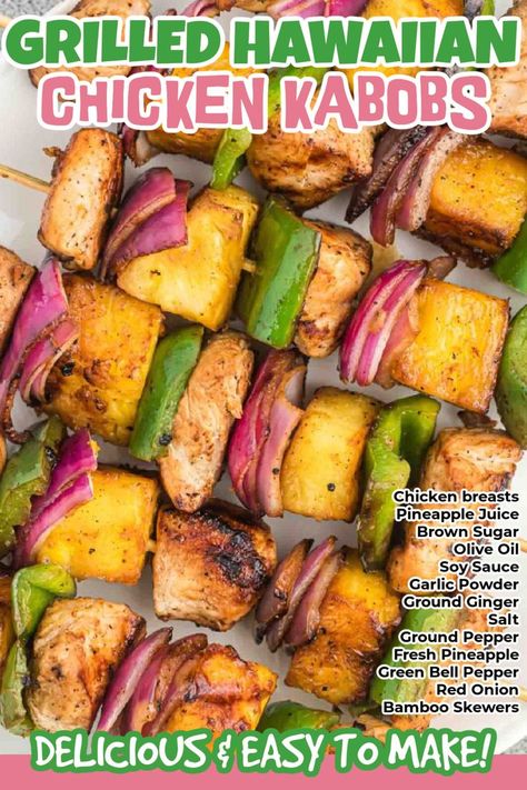 Grilled Hawaiian Chicken Kabobs is made with pineapple, peppers and onions and flavorful chicken. Delicious and easy to make kabob recipe. Kabobs are so fun and easy to make. We love the sweet and salty combination that the Hawaiian marinade gives the chicken. The perfect weeknight meal. #grillonadime #grilledhawaiianchickenkabobs #chickenkabobs Chicken Kabobs Sides Dishes, Chicken Shish Kabobs Marinade, Hawaiian Marinade, Shish Kabobs Marinade, Chicken Kabob Marinade, Chicken Shish Kabobs, Pineapple Chicken Kabobs, Kabob Marinade, Hawaiian Chicken Kabobs