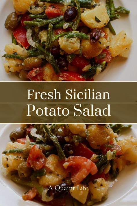 This Sicilian potato salad is a fresh tasting cold salad with large chunks of potatoes, olives, tomatoes, and green beans tossed in a light dressing.  It is simple to make and a great side for many different dishes. Italian Potato Salad With Green Beans, Italian Style Potato Salad, Italian Green Beans And Potatoes, Sicilian Potato Salad, Potato Salad With Olives, Sicilian Salad, Italian Potato Salad, Green Bean Potato Salad, Italian Green Beans