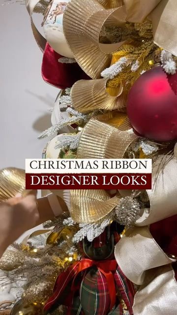 Mesh On Christmas Tree Ideas, Mantel With Garland, Champagne Christmas Tree, Mesh Christmas Tree, Garland Tutorial, Diy Christmas Decor, Decor Ideas Diy, Gold Ribbon, Christmas Ribbon