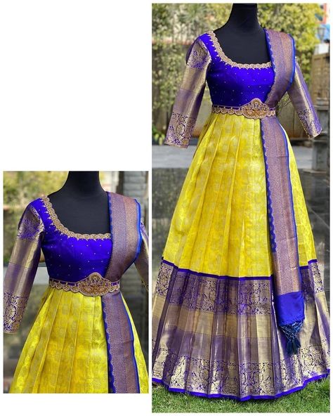 Gown Dress From Saree, Pattu Saree Lehenga, Langa Jacket Models, Long Gown Dress From Saree, Saree With Jacket, Langa Jacket, South Indian Fashion, Lehenga Saree Design