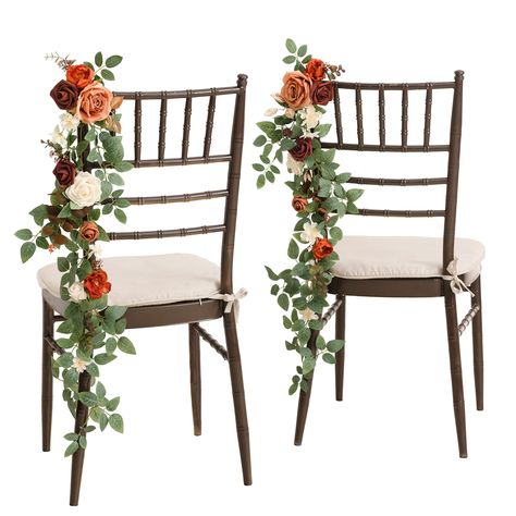 PRICES MAY VARY. WEDDING AISLE DECOR DETAILS: Create the perfect romantic atmosphere for your fall autumn, terracotta wedding with this set of 10 pre-made wedding aisle decoration flower pieces. The aisle is suitable for five rows of guest seating. If you have more than five rows, it is recommended to purchase multiple sets. SUITABLE SIZE FOR CHAIRS: The wedding chair flower decor is 30" long, with three ribbons attached to each piece, making it easy to tie around any type of chair. The plastic Wedding Aisles, Pew Flowers, Pew Decorations, Rose Floral Arrangements, Wedding Color Trends, Aisle Flowers, Wedding Chair Decorations, Chair Sash, Decoration Flowers