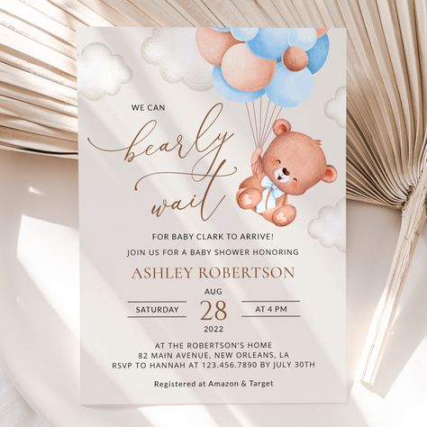 Impress the guests even before the baby shower! Gather the loved ones in style and set the tone for the party with these charming invitations! #printable #babyshower #invitations #babyshowerannouncement #babyshowerstationery #babyinvitations #babyannouncement #SHdesigns Baby Shower Announcement, Waiting For Baby, Bear Teddy, Baby Invitations, Blue Balloons, Baby Shower Balloons, Beige Background, Baby Bear, Baby Shower Invitation