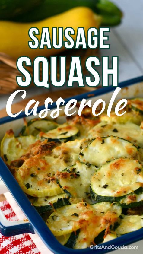 This sausage squash casserole recipe can be made as a zucchini casserole with sausage or a cheesy yellow squash casserole (or "bake"). You can also make this a keto squash casserole recipe! Squash Recipes With Sausage, Yellow Squash And Sausage Recipes, Sausage And Squash Casserole, Sausage Squash Casserole, Squash Casserole With Sausage, Crookneck Squash Recipes Casseroles, Squash And Sausage Recipes, Squash Sausage Casserole, Keto Squash Casserole