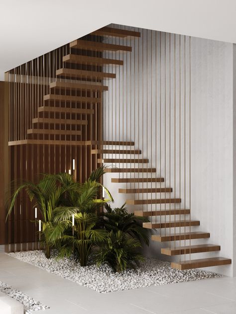 Tropical Staircase Design, Japandi Interiors Stairs, U Shape Staircase Design, Tropical Stairs, Stairs Modern Design, Japandi Stairs, Stairs Design Outdoor, Hanging Stairs, Small House Design Kerala