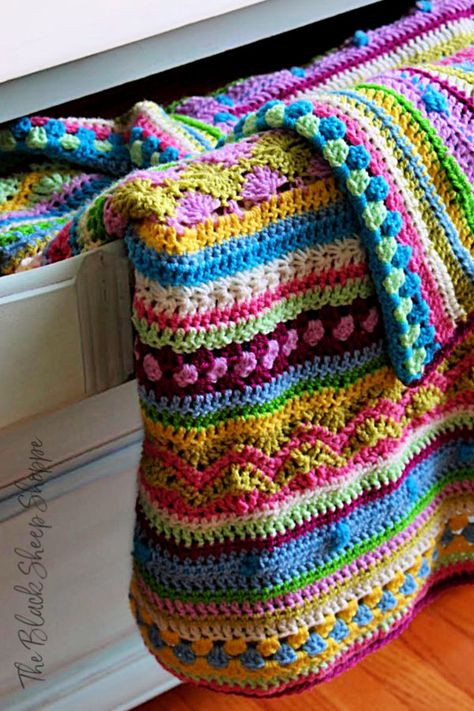 As We Go Stripey Blanket Pattern Crochet Free, Stash Crochet Blanket, Crochet Sampler Blanket Pattern Free, Crochet Blanket Granny Stripe, Mood Blanket Crochet, Cotton Crochet Blanket, Crochet Mood Blanket, Mood Blanket, Vintage Crochet Blanket