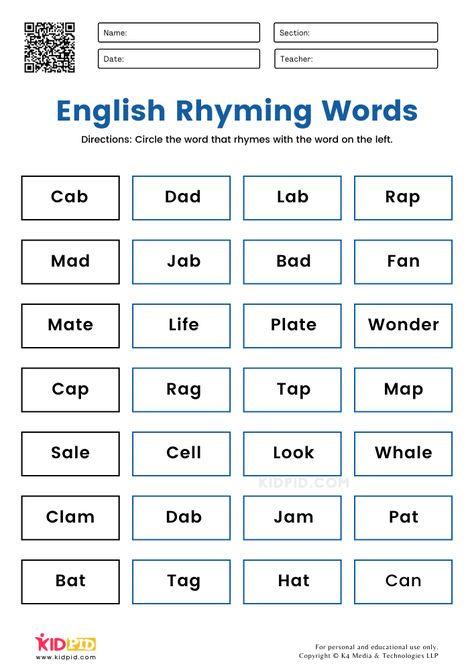 English Rhyming Words Worksheets for Grade 1 Rhyming Words Worksheets For Grade 1, Rhyme Worksheet, Rhyming Words Activities, Rhyming Words Worksheets, Free English Worksheets, Rhyming Worksheet, Words Worksheet, Worksheets For Class 1, English Grammar For Kids