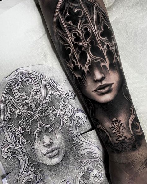 Female Warrior Tattoo Sleeve, Portrait Tattoo Sleeve, Window Tattoo, Warrior Tattoo Sleeve, Female Warrior Tattoo, Chicano Tattoos Sleeve, Girl Face Tattoo, Full Sleeve Tattoo Design, Men Tattoos Arm Sleeve