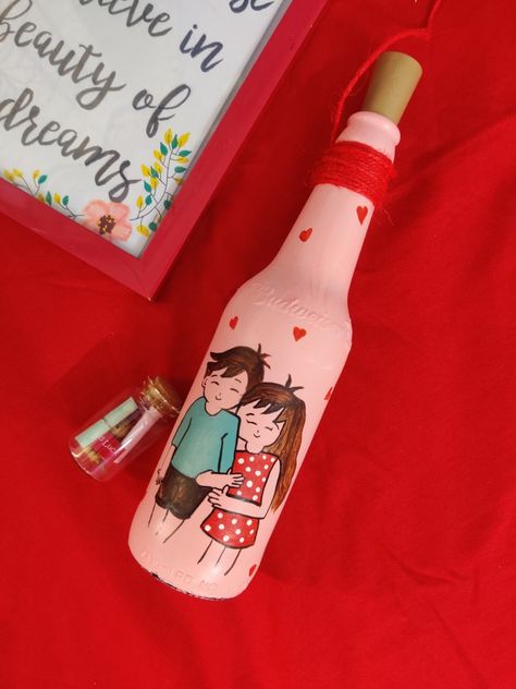 Bottle Art, bottle painting, bottle decor , bottle craft, diy Home decor, handmade bottle , glass bottle art Bottle Art For Boyfriend, Bottle Art For Birthday Gift, Couple Bottle Art, Small Bottle Painting Ideas, Cute Bottle Art, Cute Bottle Painting, Small Bottle Art, Bottle Painting Ideas, Easy Bottle Art