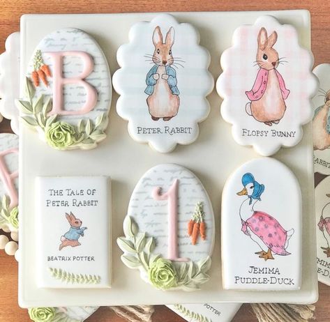 Beatrix Potter Cookies, Peter Rabbit Baby Shower Cookies, Beatrix Potter Party, Peter Rabbit Cookies, Beatrix Potter Birthday, First Birthday Cookies, Rabbit Cookies, Rabbit Birthday, Peter Rabbit Party