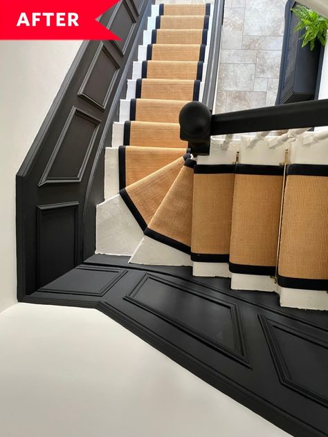 The couple still plans to tile the floors and add storage under the stairs, but they are pleased with how far the entryway has come. Staircase Minimalist, Staircase Floating, Edwardian Hallway, Modern Edwardian, Railing Makeover, Staircase Spiral, Staircase Glass, Stairs Black, Black Hallway