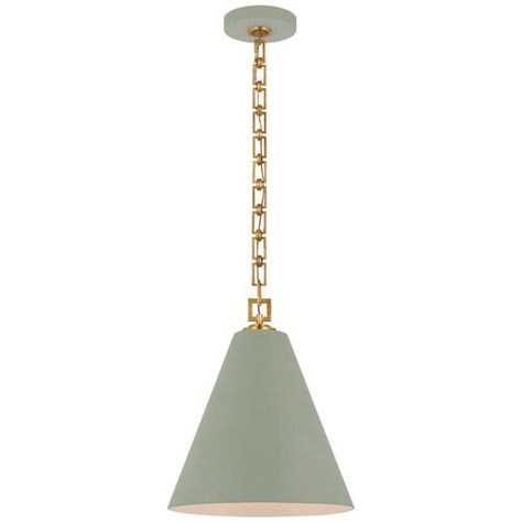 Introducing the Theo Pendant, a captivating addition to the Julie Neill For Visual Comfort Signature Collection. This pendant features a distinctive cone-shaped shade that exudes elegance and sophistication. Highlighted by a unique square chain detail, the Theo Pendant combines timeless design with modern aesthetics, making it a striking choice for any interior space seeking both style and functionality. Theo Pendant, Green Pendant Light, Kitchen 2024, Green Pendant, Green Pendants, Hanging Light, Chic Furniture, Modern Aesthetics, Signature Collection