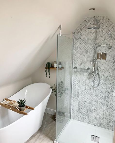 Small Bathroom With Window In Shower Ideas, Freestanding Bath And Shower Cubicle, Tub Shower Combo Sloped Ceiling, Bath And Shower Separate Small Bathroom, Small Dormer Bathroom Ideas, Bathroom With Pitched Ceiling, Bathroom Shower And Bath Seperate, Shower Next To Window, Shower Cubicle Ideas