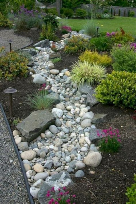 Landscaping With River Rock, Dry Riverbed Landscaping, Dry Stream, Trees Landscaping, River Rock Garden, Dry River, River Rock Landscaping, Taman Diy, Rock Landscaping