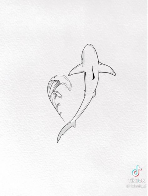 Simple Ocean Life Tattoos, Shark Couple Tattoos, Shark Matching Tattoo, Shark Wave Tattoo, Small Shark Tattoo For Women, Tattoo Ideas Sea, Shark Tattoos For Women, Shark Fin Tattoo, Ocean Spine Tattoo