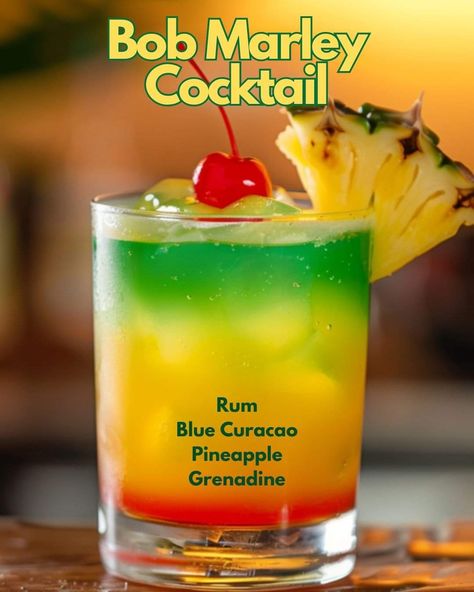 Bob Marley Drink Recipe, Extravagant Cocktails, Bob Marley Drink, Summer Mixed Drinks, Drunken Monkey, Shots Alcohol Recipes, Cocktail Cards, Mixed Cocktails, Bartender Drinks Recipes