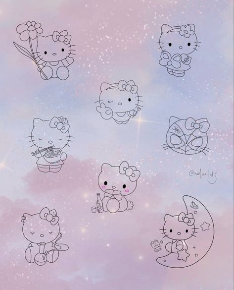 Dainty Hello Kitty Tattoo, Fine Line Hello Kitty Tattoo, Hello Kitty Fine Line Tattoo, Sanrio Flash Tattoo, Hello Kitty Flash Tattoo, Cecilia Tattoo, Sanrio Tattoos, Dainty Tattoo, Flash Sheets