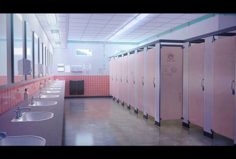 School Bathroom Ideas, High School Bathroom, School Toilet, School Restroom, Bathroom School, Earthworm Jim, Gacha Background, Public Bathroom, School Building Design