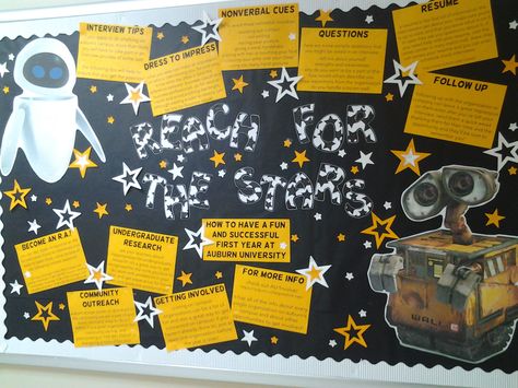 Engagement bulletin board! Wall-E theme, reaching for the starts and getting involved on campus! via Meagan, Dunn Hall Engagement Bulletin Board, Resident Assistant Boards, Engineering Classroom, Res Life Bulletin Boards, Ra Inspiration, Inspirational Bulletin Boards, March Bulletin Board, College Bulletin Boards, Ra Themes