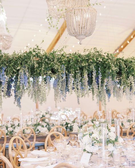 Blue Delphinium Wedding, Hanging Flowers Wedding, Outdoor Wedding Tables, Rose Gold White Wedding, Rose Gold Wedding Decor, Blue White Weddings, Wedding Shower Decorations, Light Blue Wedding, Wedding Themes Fall