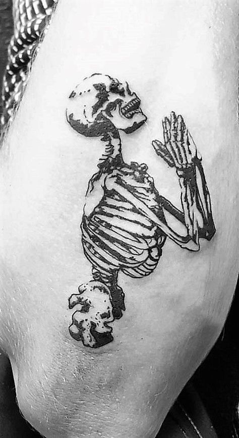 Praying Skeleton Tattoo, Praying Skeleton, Typography Tattoo, Skeleton Tattoo, Skeleton Tattoos, Detailed Tattoo, Modern Tattoos, 1 Tattoo, Subtle Tattoos