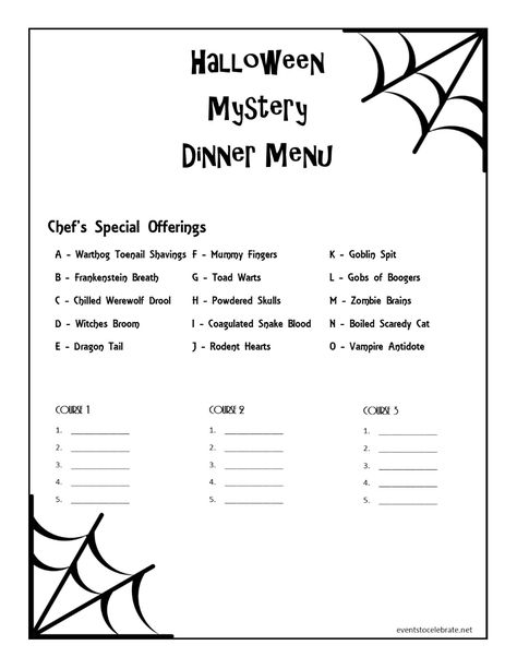 Hosting a Murder Mystery dinner or looking for fun Halloween dinner ideas? This printable Halloween Mystery Dinner Menu will get everyone in the spirit! Mystery Dinner Menu Ideas, Halloween Mystery Dinner, Halloween Dinner Ideas, Halloween Dinnerware, Spooky Dinner, Dinner Menu Ideas, Halloween Food Dinner, Mystery Dinner Party, Dinner Party Games