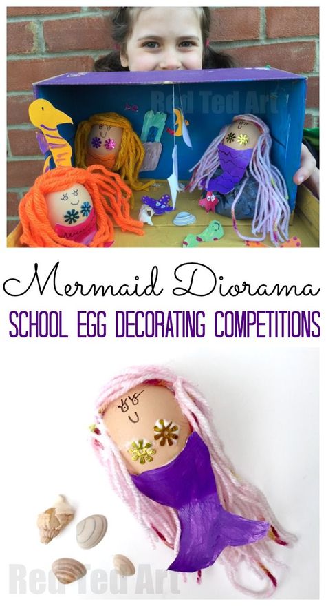 Fun Egg Decorating ideas.. DIY Mermaid Egg Diorama - Red Ted Art's Blog School Egg Decorating Ideas, Egg Decorating Competition, Mermaid Egg, Easter Egg Competition Ideas, Egg Diorama, Egg Decorating Ideas, Diy Mermaid, Red Ted Art, Easter Arts And Crafts