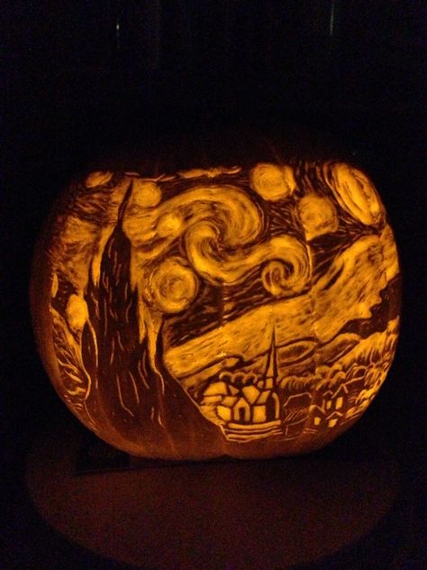 Van Gogh starry night Painting Ideas Van Gogh, Pumpkin Painting Starry Night, Van Gogh Pumpkin, Van Gogh Pumpkin Carving, Orange Starry Night, Pumpkin Carving Starry Night, Halloween Van Gogh, Starry Night Pumpkin, Starry Night Halloween