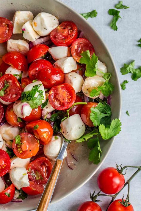 Homemade marinated tomato mozzarella cheese salad recipe. Cherry tomatoes with red onion, cheese and cilantro in a tangy oil dressing, enjoy all year round. Tomato Mozzarella Salad Recipe, Fresh Mozzarella Salad, Recipes With Mozzarella Cheese, Cheese Salad Recipes, Tomato Mozzarella Salad, Salad Appetizer Cups, Tomato And Mozzarella, Ensalada Caprese, Cold Salads