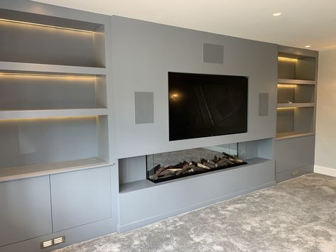 Media Wall With Cupboard And Fire, Den Fireplace, Siting Room, Built In Tv Wall Unit, Custom Wall Unit, Front Room Decor, Tv Fireplace, Media Walls, Gray Living Room Design