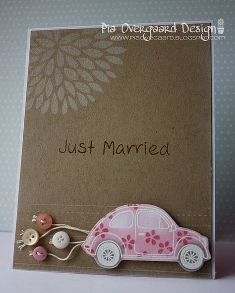 Wedding Card - Essential products for this project can be found on Crafting.co.uk - for all your crafting needs. - Simple and fun handmade wedding card. Kraft paper base and a fun flowered beetle bug car with buttons dragging behind instead of cans. Card With Buttons, Bug Car, Wedding Congratulations Card, Wedding Cards Handmade, Beetle Bug, Wedding Scrapbook, Hand Of Cards, Wedding Anniversary Cards, Button Cards