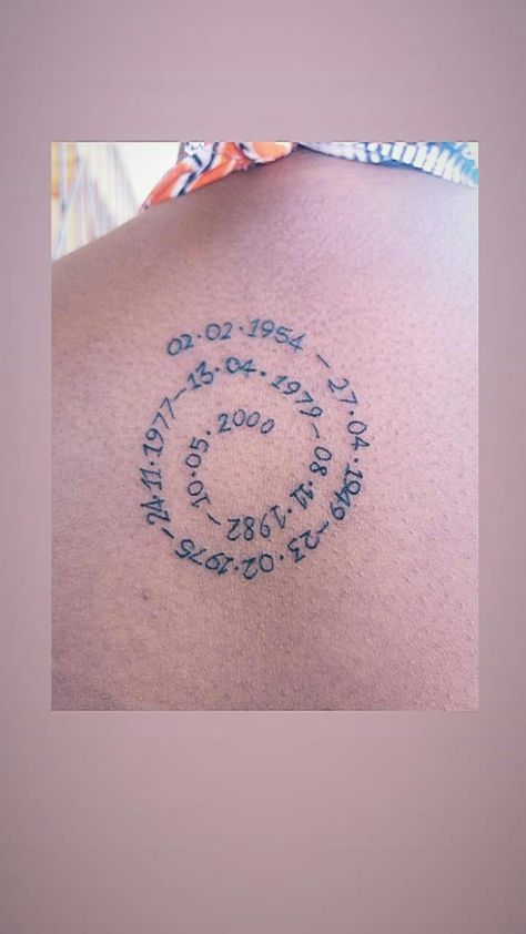 [Closer view] I got a tattoo of my family's birthdates spiralling out, with me at the centre. Family tree tattoo | Number tattoos | Spiral tattoo Family Birthdate Tattoos, Spiral Tattoo, Birthdate Tattoo, Kids Tattoo, Spiral Tattoos, Tattoo Number, Biblical Tattoos, Glyph Tattoo, Daffodil Tattoo