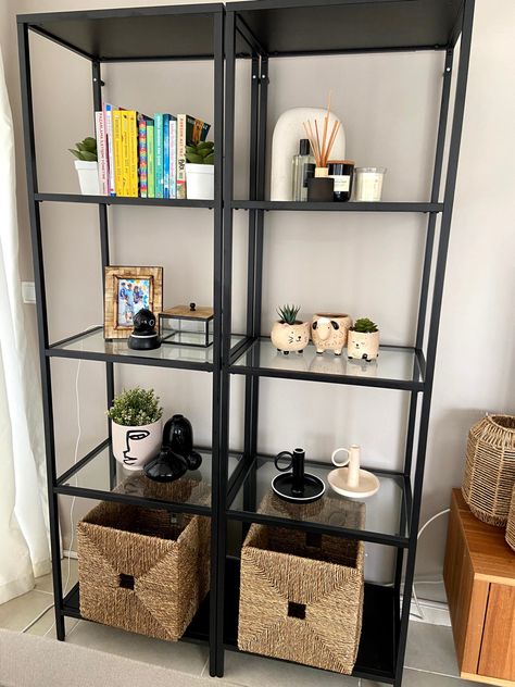 vittsjö ikea, living room, shelves Black Ikea Shelves, Top Of Shelf Decor, Vittsjo Shelves Living Room, Ikea Vittsjo Shelves Styling, Vittsjo Ikea, Shelf Decor Bedroom, Minimalist Dekor, Minimalist Shelves, Shelf Decor Living Room