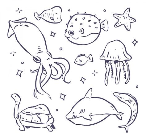 Doodle Art Sea Animals, Sea Creatures Drawing Cute, Under Water Animals Drawing, Aquatic Animals Drawing Easy, Cute Aquatic Animals Drawings, Doodle Art Sea, Ocean Doodle Art, Cute Marine Animals Drawing, Marine Animal Doodles