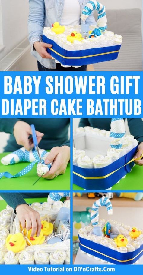 Easy Diaper Cake, Baby Bath Items, Diy Diaper Cake, Gift Video, Diaper Gifts, Baby Baden, Diaper Cake Boy, Baby Shower Crafts, Baby Shower Diaper Cake