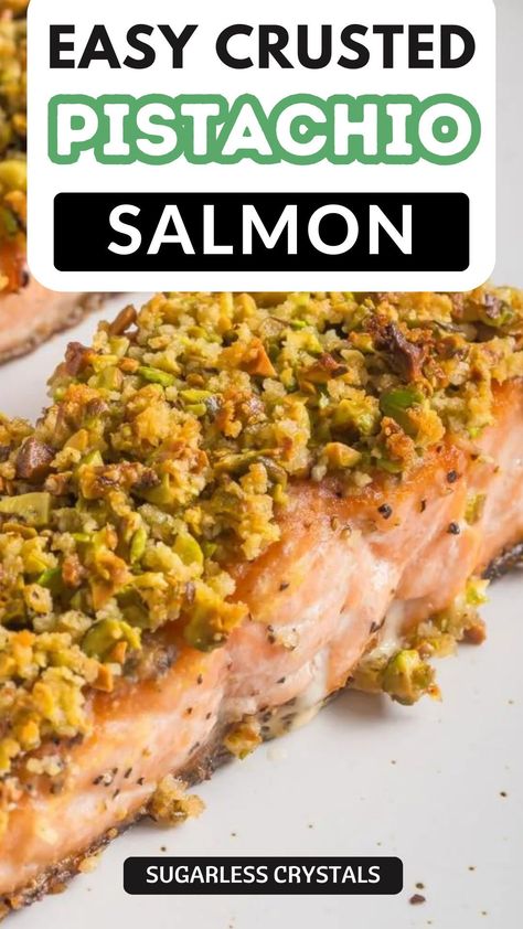 Our homemade pistachio crusted salmon recipe takes a regular salmon dinner and adds flair with a crispy, pistachio crust covering perfectly seasoned, flaky salmon. Perfect for date night dinners or a healthy lunch and dinner idea! Pistachio Crusted Grouper, Pistachio Encrusted Salmon Recipe, Salmon With Pistachio Crust, Pistachio Salmon Recipes, Pistachio Crusted Salmon Recipes, Hs Diet, Pistachio Salmon, Quick Salmon Recipes, Crusted Salmon Recipes