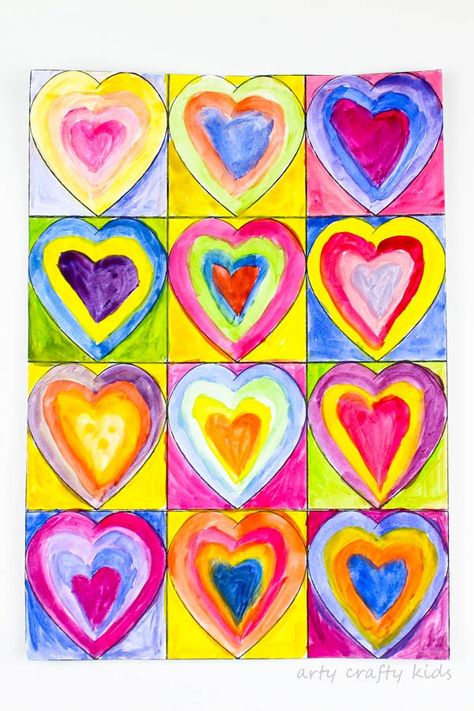 Arty Crafty Kids | Art for Kids | Kandinsky Inspired Heart Art | Inspired by Kandinsky Art, this gorgeous Heart Art Painting is a fabulous art project for kids that can framed and shared as a Kid-Made Gift for any special occassion, uncluding Mother's Day and Valentine's day Heart Art Painting, Heart Art Projects, Valentine Art Projects, Chalk Ideas, Kandinsky Art, Valentines Art, Kindergarten Art, Crafty Kids, Art Lessons Elementary